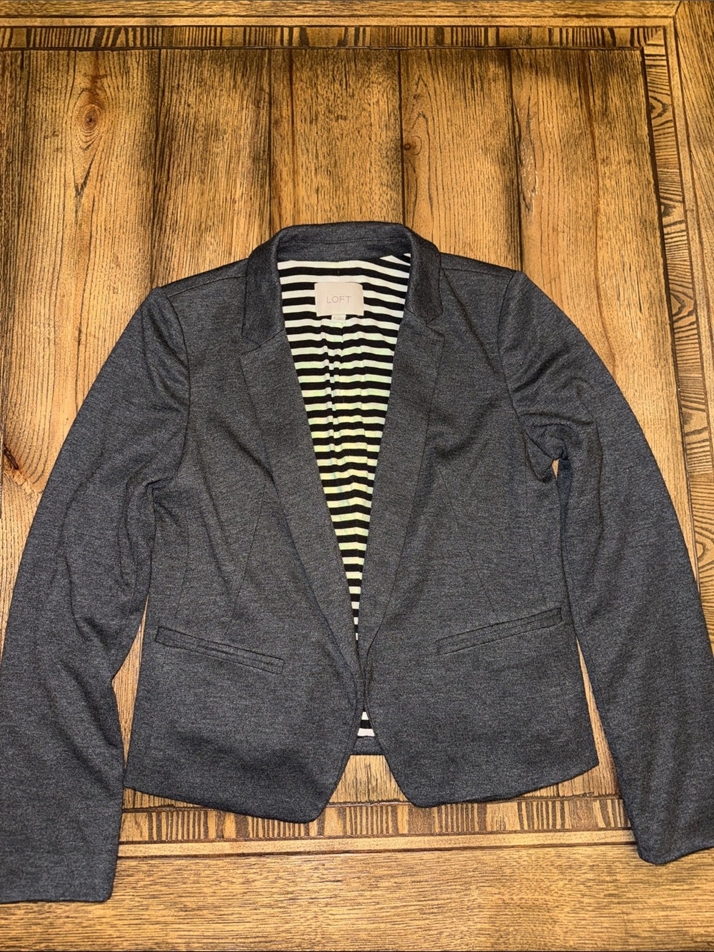 LOFT Women's Dark Gray Knit Blazer with Striped Lining